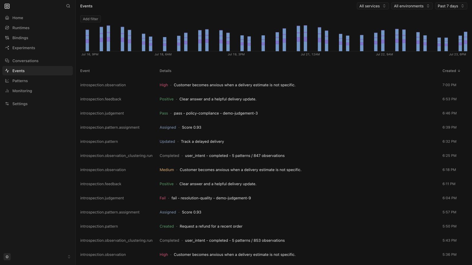 Events list containing observations, feedback, judgements, pattern assignments, patterns, and clustering runs
